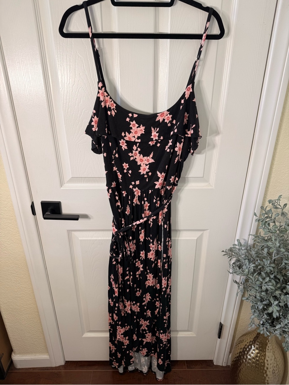 LOFT Black Maxi Dress with Pink Floral Print